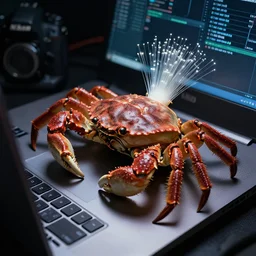a crab using an open laptop, laptop, keyboard, computer, unreal engine, glamor shot, nikon d 7 5 0, closeup, f / 2. 8, low contrast, rim lighting, optical fiber, cinematic lighting, insanely detailed and intricate, hypermaximalist, elegant, ornate, hyper realistic