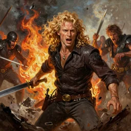a beautiful alex trebek with long curly blond hair brutally destroys his enemies on the battlefield, wrath flame and ruin, oil painting, trending on artstation