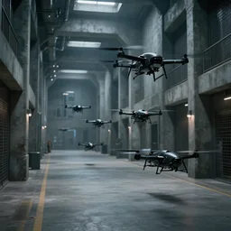 Black military quadcopters swarm the wide hallways in a futuristic prison underground, brutalist liminal architecture, sigma 85mm f/1.4, 4k, depth of field, high resolution, 4k, 8k, hd, full color, unreal engine, concept art, trending on artstation
