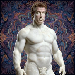 sylvester stallone made of marble, hyper detailed, flowing psychadelic background intricate and detailed, ornate 8 k gorgeous intricate detailed, octane render, black and white