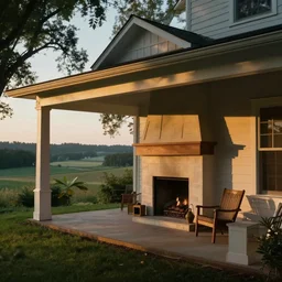 a frame with a wraparound porch and fireplace, cinematic look, god lighting, 4 k, beautiful landscape