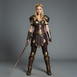 full body photo of karen gillan as a steampunk amazon warrior