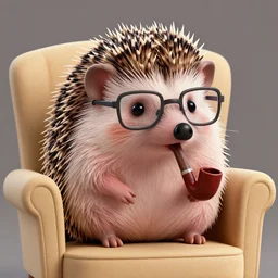 intellectual hedgehog, smart hedgehog, hedgehog with glasses, hedgehog with pipe, sitting in chair, reading a book, painted by sergio aragones, cartoon, clean, cute, bright colors, clear lines