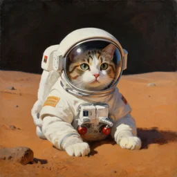 painting of a cat in astronaut helmet on surface of mars, atmospheric lighting, style of greg rutkowski