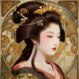 japanese geisha detailed beauty side portrait, chocolate, opulent swirling hair swirling seaweed, iridescent jewellery, face in focus, organic background, art by wlop, peter morebacher, greg rutkowski, craig mullins, ruan jia, thomas kinkade, victor ngai, ernst haeckel, alphonse mucha, unreal engine, blender, octane,