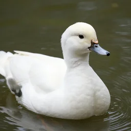 a white crested duck in a pond at a part, realistic