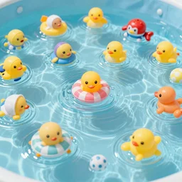 many toys are swimming in water.