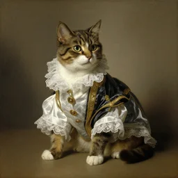 rembrandt painting of a cat wearing a fancy outfit