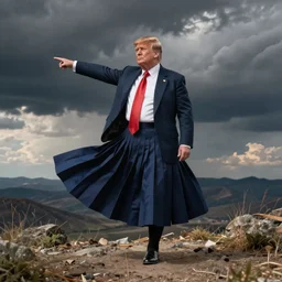 donald trump flying skirt pose, by sam shaw, realistic, detailed