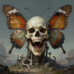 death is swallowed up in victory, very detailed and beautiful face, screaming, mechanical butterfly, artwork by artgerm, centered shot, wide angle, full body, islandpunk, solarpunk, fantasy, highly detailed, digital painting, artstation, smooth, sharp focus, art by thomas kinkade and h. r. giger and kevin swartz