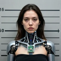 grainy photo of an ugly woman, wearing bionic implants, cyborg!!! android! robot!! criminal!!, (((((high tech, circuit boards, cyberpunk))))), mugshot!!