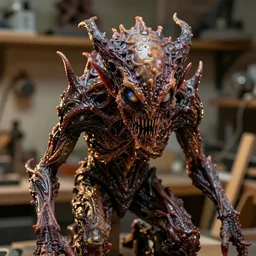 photo taken of an epic intricate, ultra detailed, super realistic sculpture of a wet, slimy, nightmarish hellish demonic creature with bioluminescent eyes on display in a workshop, created by weta workshop, zoomed in shots, photorealistic, sharp focus, f 0. 4, face centred, macro photography, golden ratio, golden hour