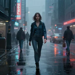painting. digital art. young woman. eva suit. walking down busy city street. night. hazy. foggy. [ [ [ [ raining ] ] ] ]. neon lights. cyberpunk. reflections. greg rutkowski. [ [ [ wlop ] ] ]. cinematic lighting. intricate. beautiful. award winning. trending on artstation.