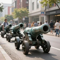 anthropomorphic cannons marching down the street