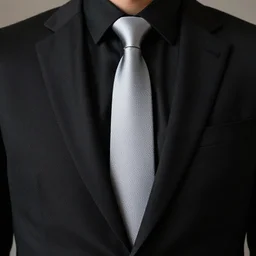 full shot photograph of a black suit with a black shirt and silver tie, photorealistic photograph cinematic lighting intricate detailed 8 k resolution