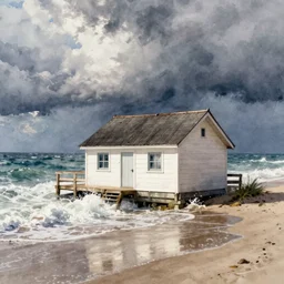 cottage on the beach; realistic watercolor scene, dynamic lighting and ocean condition