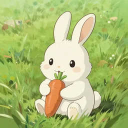 beautiful painting from the anime film by studio ghibli, floppy eared bunny in a grassy field eating carrots, white with black spots, happy, trending on artstation