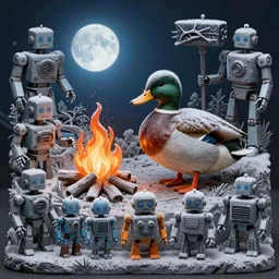 “This carving portrays a duck crouching next to a fire while covered in frost | A cold blue moon looms in the background | The work seems to express camaraderie | Rounding out the work, the whole image is depicted by the careful arrangement of nine robots”