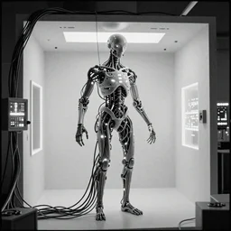 nervous system made of wires and alien technology in a white room with glowing leds, hyper detailed, surreal concept art, apocalyptic, realistic, alive, industrial, tech, black and white photo on film, grain, cyborg, futuristic, humanoid, dream