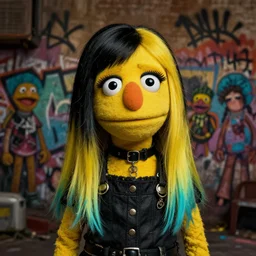 highly detailed portrait of a moody sewerpunk young adult muppet lady by atey ghailan, by greg rutkowski, by greg, tocchini, by james gilleard, by joe fenton, by kaethe butcher, gradient yellow, black, brown and cyan color scheme, grunge aesthetic!!! ( ( graffiti tag city background ) )