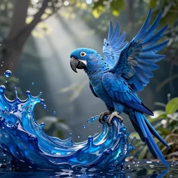 motion blue liquid forming blue parrot, intricate, blue colors, nature background