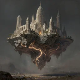 A concept painting of a mystical floating city with towers and arches, the underside is rock with glowing marble veins, it is centered in frame above the ground, realistic