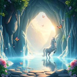 a wholesome animation key shot of portal to the land of fairy tales, water falls, crystal lake, butterflies, unicorn by studio ghibli, animation, sharp, rendered in unreal engine 5, focused, anime key art by greg hildebrant, bloom, dramatic lighting