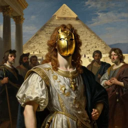 neoclassical portrait of a prince in his temple wearing a gold beetle mask in front of his pyramid temple, by jacques - louis david, by greg rutkowski, by zdzisław beksinski, by josep tapiro baro, by caravaggio, trending on artstation, featured on pixiv, masterpiece, oil on canvas, cinematic composition, dynamic beautiful lighting,