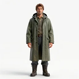 heroic fisherman in raincoat, detailed 3d character render, full body, standing, isolated on a pure white background, centered, whole figure in frame, sharp focus, studio lighting