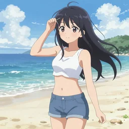 anime girl at the beach, key anime visual, pixiv