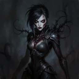 dark portrait painting of tracer from overwatch, in style of zdzisław beksinski, scary, horror, 4 k, feminine facial features, overwatch tracer character, horror, body horror, disturbing, detailed face, dressed in dark garment, black tendrils, tall,