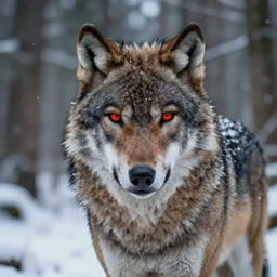 alpha wolf with bloodshot eyes, in a snowy forest, octane render, intricate, by greg rutkowski