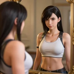 tifa lockhart wearing a bralette!!!, looking at herself una mirror!!, cg art, realistic, character select portrait, by artgerm, greg rutkowski, alphonse mucha, 3 d