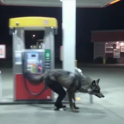 CCTV footage of a werewolf at a gas station, night, grainy, unsolved mystery
