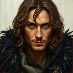 portrait painting of a middle eastern man with shoulder length hair wearing a tattered black cloak with feathers and a coat, greeneyes, sharp focus, award - winning, trending on artstation, masterpiece, highly detailed, intricate. art by rebecca guay