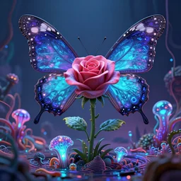 butterfly 3d cyberpunk Rose plant abyssal  bioluminiscent animals hyperbeast by Brock Hofer digital art, ArtStation  GTA cover comics style  by James Gurney and beeple global illumination Pixar and Disney tone mapping sharp focus