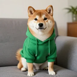 a Shiba Inu wearing a green hoodie sitting on a couch, photo realistic, trending on artstation, HDR, nicely detailed, 8k