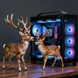 Deer playing with a gaming pc, photograph, high quality, detailed, sharp