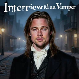 alternate cover art for the movie interview with a vampire starring a long haired brunette brad pitt as louis de pointe du lac portrait, face centered, schmuck, porcelain face, regal, confident, unused design, night time, fog, colonial era street, volumetric lighting, realistic illustration, perfectly shaded, soft painting, art by krenz cushart and wenjun lin