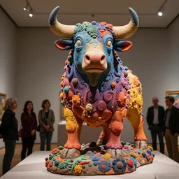 a stunning colorful intriguing massive clay sculpture of a mysthical bull animal creature by beth cavener in a museum. painted color gradient fading. sub scattering. eyes specular highlight. with help of ellen jewett, beth cavener, sayaka ganz, edouard martinet, john o'reilly and judith klausner. promotional picture