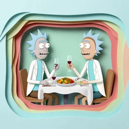 rick and morty having dinner, layered paper style