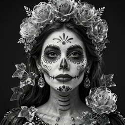 portrait photo of a beautiful hispanic woman, details and style of mexico day of the dead, black and white spinal ribbed, beautiful, highly detailed, intricate translucent dead ivy jelly ornate, poetic, translucent roses ornate, 3 d render, digital art, octane render, 8 k artistic photography, photo - realistic, by dora maar