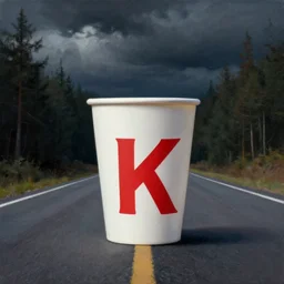 white red paper cup, front view!!!, standing on empty road!! forest background!!, detailed, dark concept art, dark skies painting by wlop, nixeu and greg rutkowski, beautiful, semirealism, artstation, octane render, oil painting, sharpness, 8 k, golden ratio