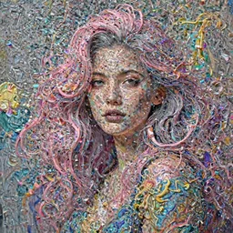 A portrait of a very beautiful goddess with pink and grey hair radiating an artwork made of multicolored swirling paint and empasto by James Jean and WLOP , volumetric displacement by Lee Griggs, volume noise, hyperrealism, subsurface scattering, octane render, 8k,  xparticles