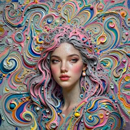 A portrait of a very beautiful goddess with pink and grey hair radiating an artwork made of multicolored swirling paint and empasto by James Jean and WLOP , volumetric displacement by Lee Griggs, volume noise, hyperrealism, subsurface scattering, octane render, 8k,  xparticles