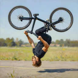 ryan reynolds riding a bike upside down on a sunny day, hyper realistic, oil painting, 8 k,