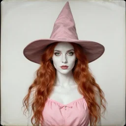 daguerreotype of a beautiful witch wearing a pink night short, face details, pointy hat, white skin, red hair, green eyes, high fantasy, dnd, extremely detailed, smooth, sharp focus, by rossdraws, zeronis, artgerm