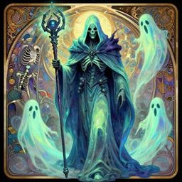 ghostly necromancer, full body character with staff in hand, ghost cape, neon color, creepy, skeleton and ghosts, detailed illustration, hd, 4k, digital art, overdetailed art, concept art, by greg rutkowski, by Alfons Mucha, complementing colors, Trending on artstation, deviantart