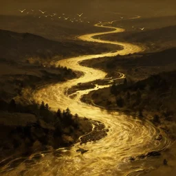 a dark and golden landscape, with golden rivers and mystical birds that fly along, very detailed concept art, matte painting, digital art, concept art, realistic beautiful, trending on Artstation, Greg Rutkowski
