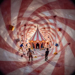 cursed carnival design, Moebius, Greg Rutkowski, Zabrocki, Karlkka, Jayison Devadas, Phuoc Quan, trending on Artstation, 8K, ultra wide angle, zenith view, pincushion lens effect